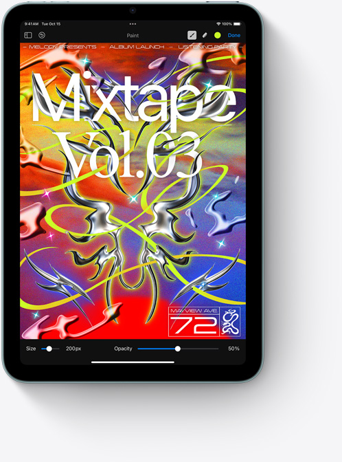 iPad mini в портретна ориентация, показващ пъстър Pixelmator екран.