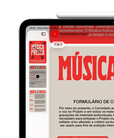 iPad na horizontal, Apple Pencil magneticamente conectado à parte superior do iPad, canto superior esquerdo da tela mostrando somente um PDF no app Pré-Visualização.