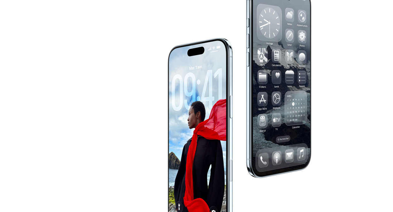 Deux iPhone Air, face avant, vue latérale, profil fin, écran verrouillé dynamique, écran d’accueil avec apps en Liquid Glass
