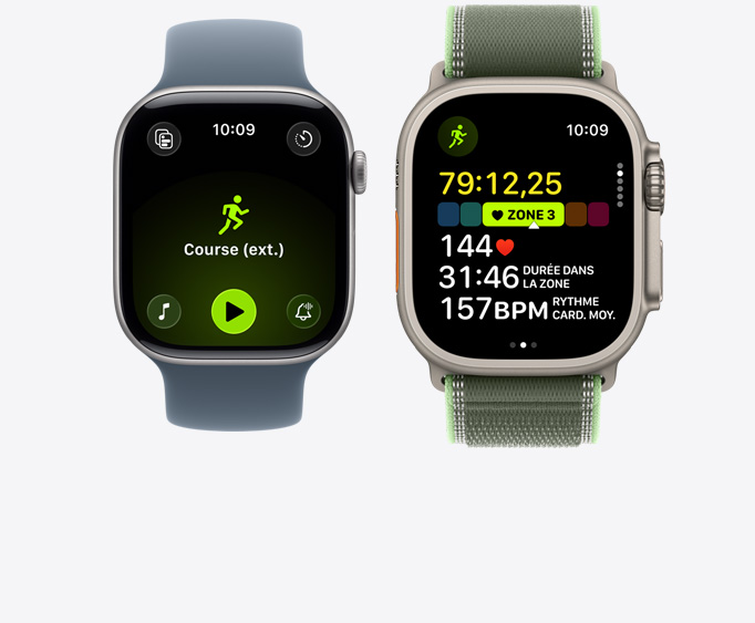 Apple Watch Series 11, boîtier en aluminium, gris cosmique, séance de course à l’extérieur ouverte avec commandes de lecture d’Apple Music, Apple Watch Ultra 3, boîtier en titane, naturel, séance de course ouverte, fréquence cardiaque en zone 3