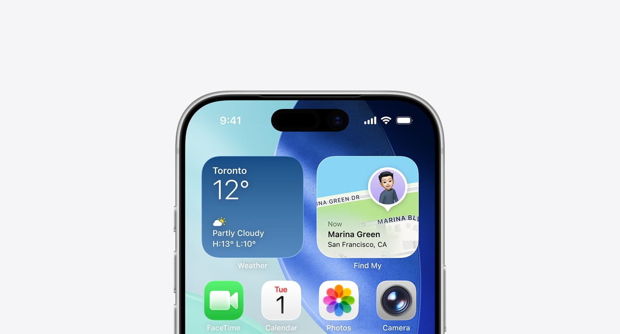 iPhone, top part of screen showing Home Screen with Weather and Find My widgets in the top row
