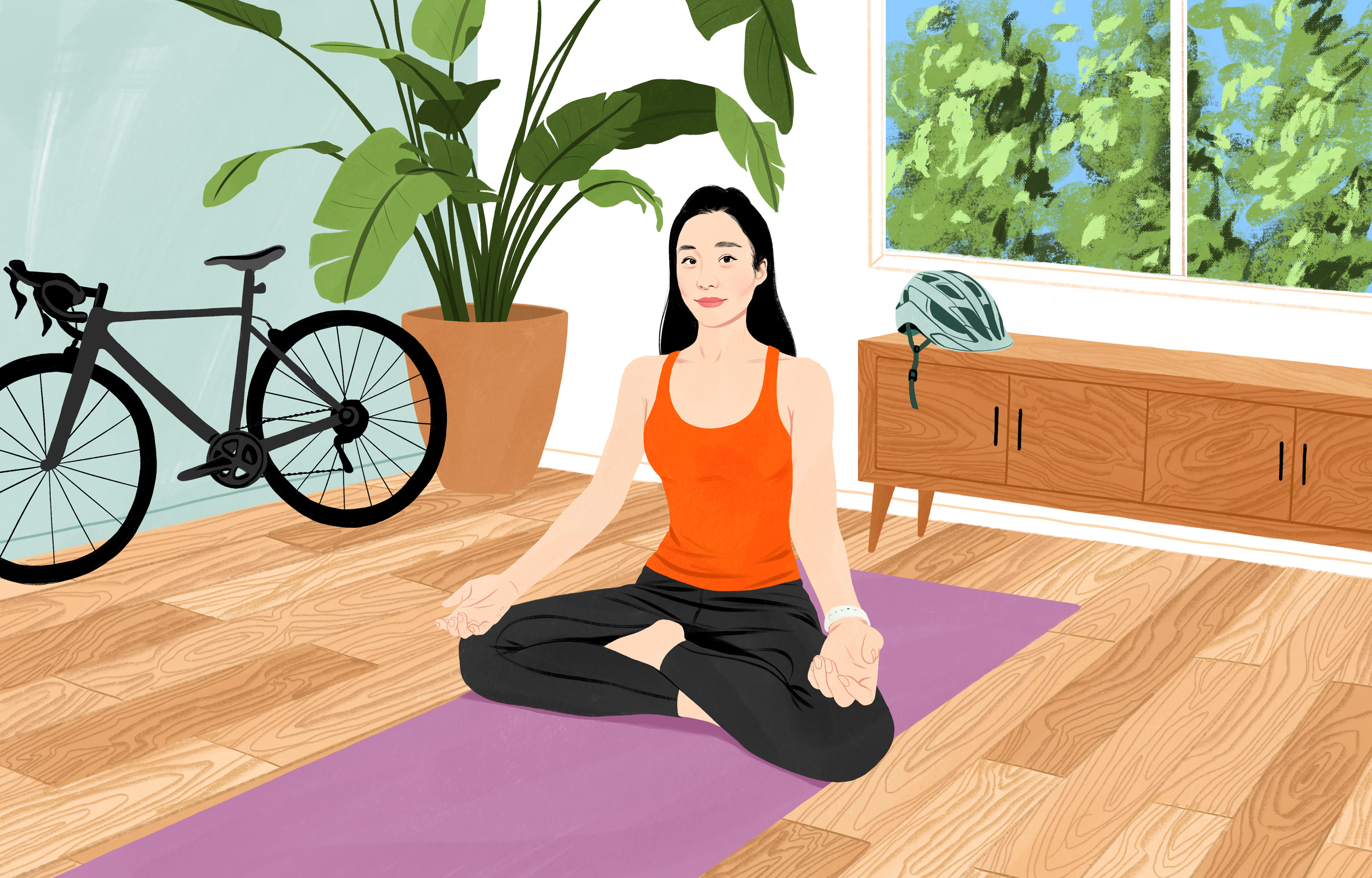 Evinde bağdaş kurarak yere oturan Moony meditasyona hazırlanıyor ve gülümsüyor.