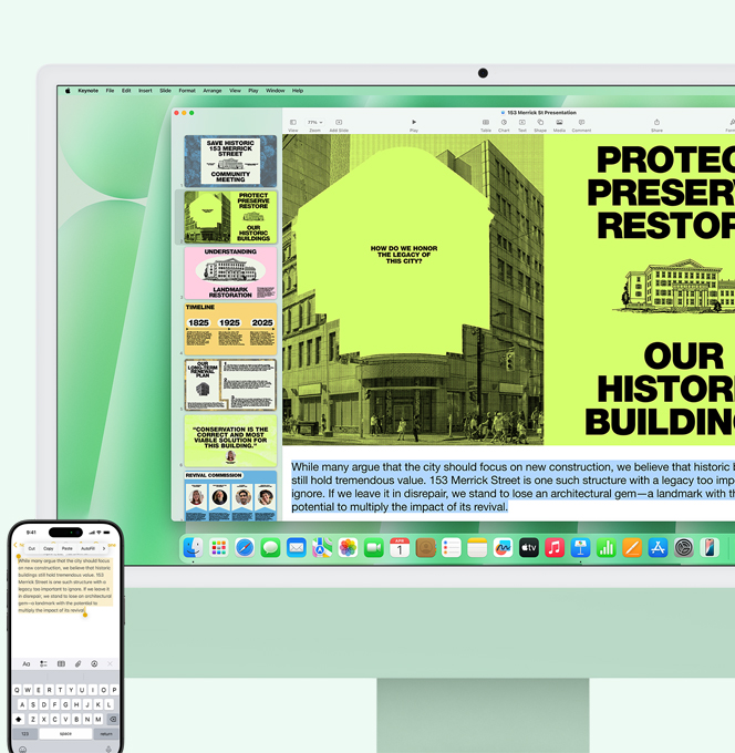 Un iMac verde junto a un iPhone. El texto de la app Notas del iPhone se copia y se pega en la iMac
