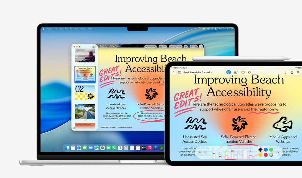 Několik zařízení Apple, stejný obrázek na každém z nich, na iPadu byly do obrázku doplněny anotace Apple Pencilem, anotace se projeví i na ostatních zařízeních