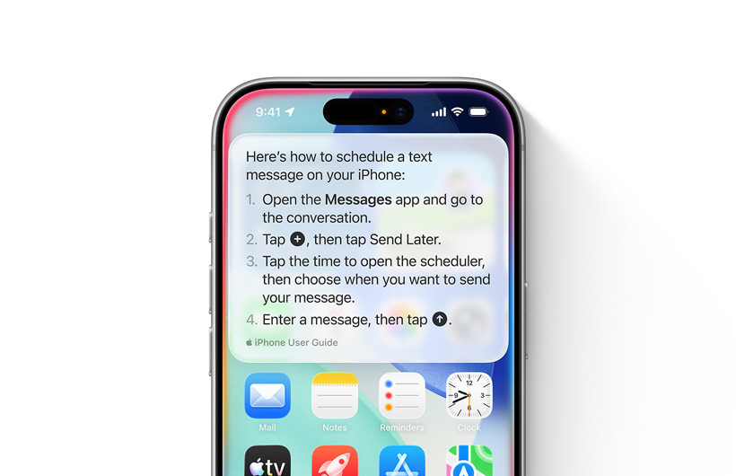 En iPhone visas med steg för steg-anvisningar om hur man schemalägger ett meddelande som ska skickas senare