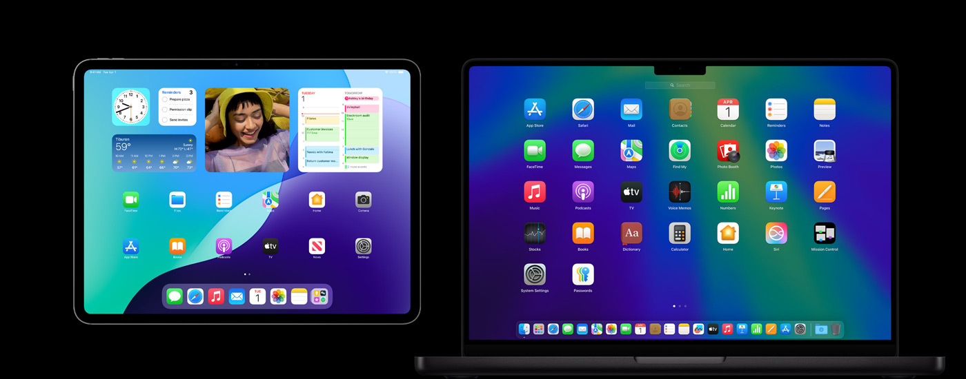 En iPad og en Mac som med forskjellige appsymboler på skjermen. På iPaden vises flere widgeter, inkludert Kalender, Været og Bilder.