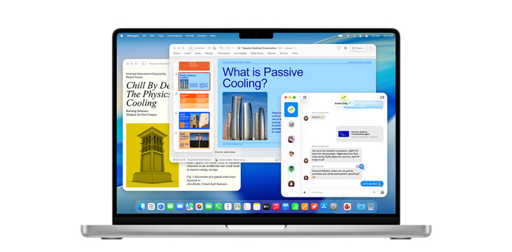Demonstratie van apps als Microsoft PowerPoint, Berichten en Pages op een 14‑inch MacBook Pro.
