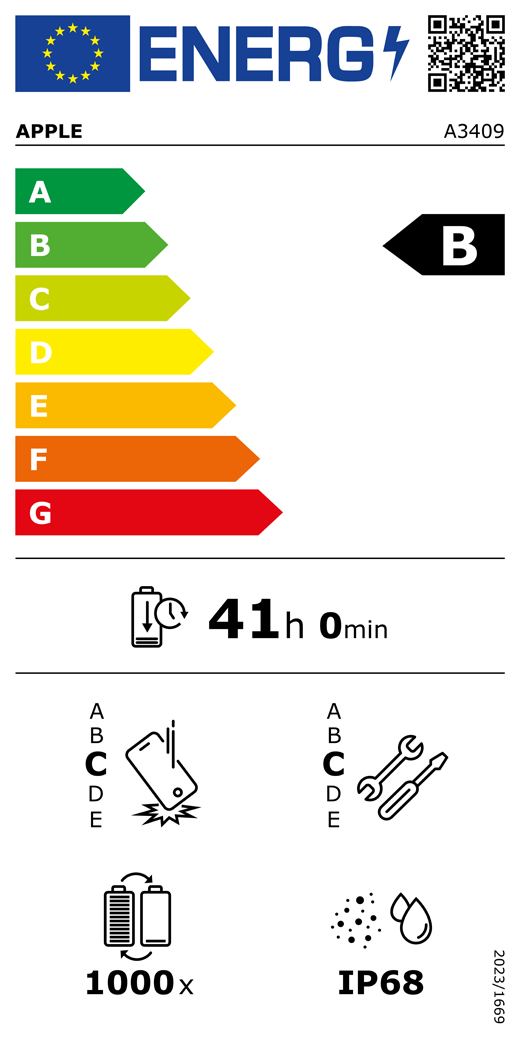 QR-kod för energimärkning och information (EU), Apple-modell A3409, klass B, klasser för energieffektivitet (skala från A till G), A (mest effektiv) till G (minst effektiv), batteritid per laddningscykel, 41 timmar och 0 minuter vid full laddning, tillförlitlighet vid upprepat fritt fall: klass C, A (mest robust) till E (minst robust), reparerbarhet: klass C, A (mest reparerbar) till E (minst reparerbar), batteriets livslängd i antal cykler: 1000, IP68-klassad damm- och vattentålighet, förordning 2023/1669.