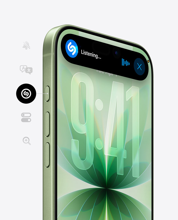 iPhone 17 i finishen salvia, framsida i Ceramic Shield, Dynamic Island som visar Shazam som används, snabbknapp och volymknappar på kanten
