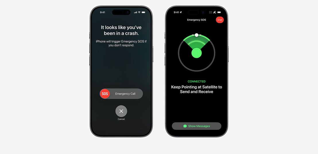 Ecrãs de iPhone lado a lado mostrando a Deteção de acidente e o SOS emergência em utilização