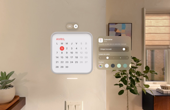 Le widget Calendrier indiquant la date du 1er avril flotte sur le mur, le widget Rappels flotte au-dessus, des options de personnalisation pour changer l’épaisseur et la couleur du cadre flottent sur la droite