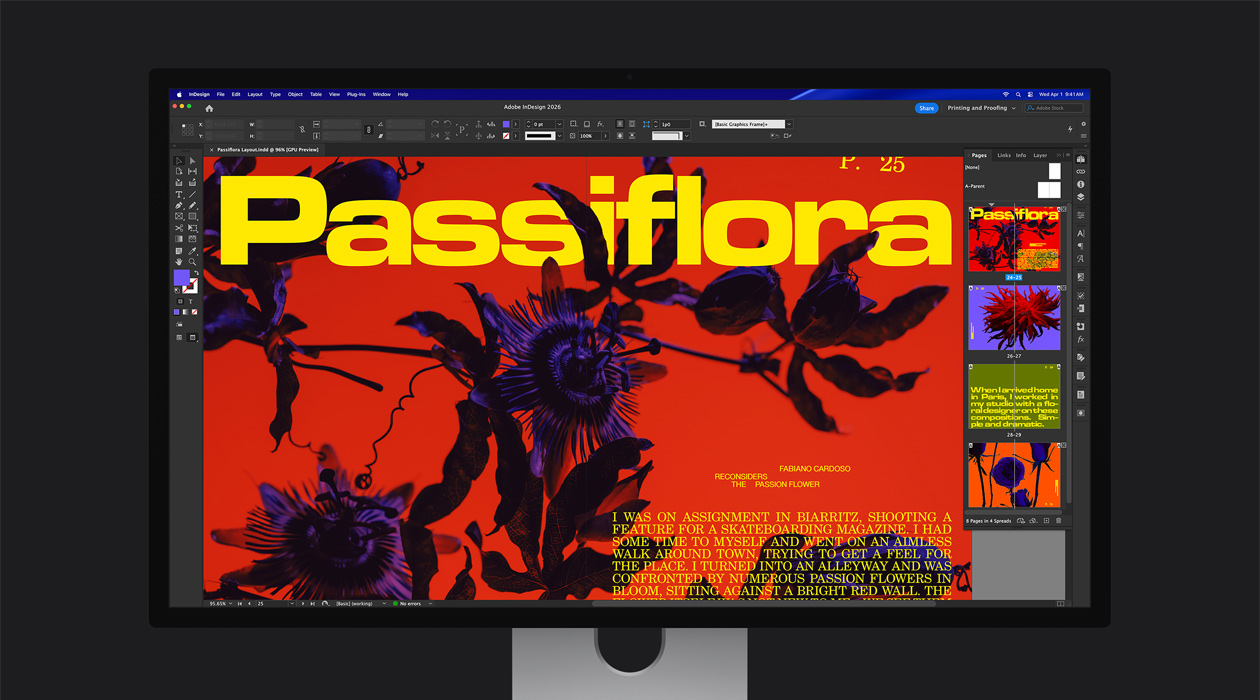 Σε αρχείο Adobe InDesign 2026, ένα ζωντανό δισέλιδο περιοδικού προβάλλει τον χρωματικό χώρο P3 + Adobe RGB