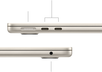 MacBook Air, zatvoren, lijeva strana prikazuje MagSafe i dva priključka Thunderbolt, desna strana prikazuje utičnicu za slušalice