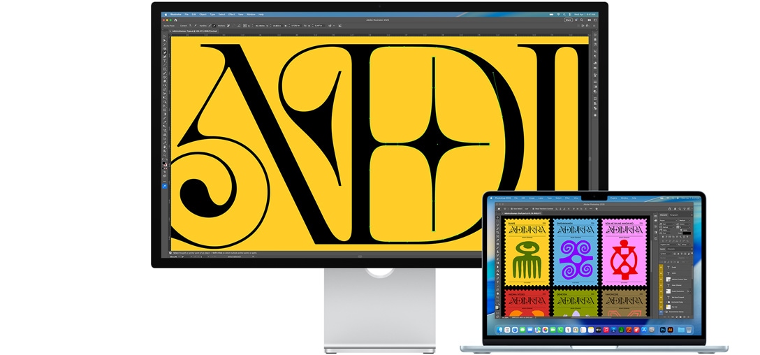 Studio Display i prijenosno računalo Mac prikazuju projekt otvoren u više Adobeovih programa, Studio Display prikazuje krupni prikaz crnog teksta na intenzivnoj žutoj pozadini, uz antirefleksivni premaz koji umanjuje odsjaj