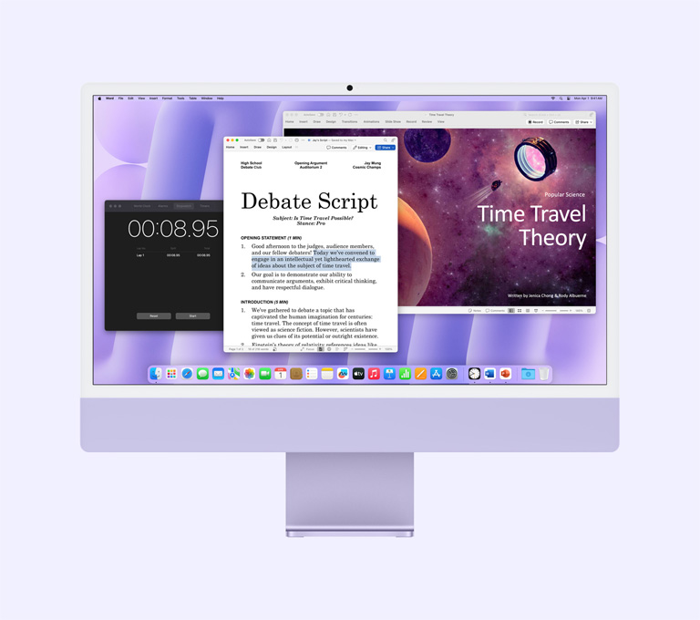 iMac Ungu: Layar menampilkan aplikasi Microsoft Word, Microsoft PowerPoint, dan Jam