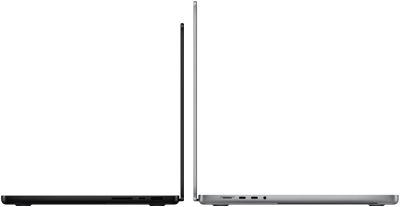 جهازا MacBook Pro مقاس 14 إنش و16 نش معروضان ظهراً لظهر لتوضيح الفرق في الحجم وإبراز نحافة التصميم