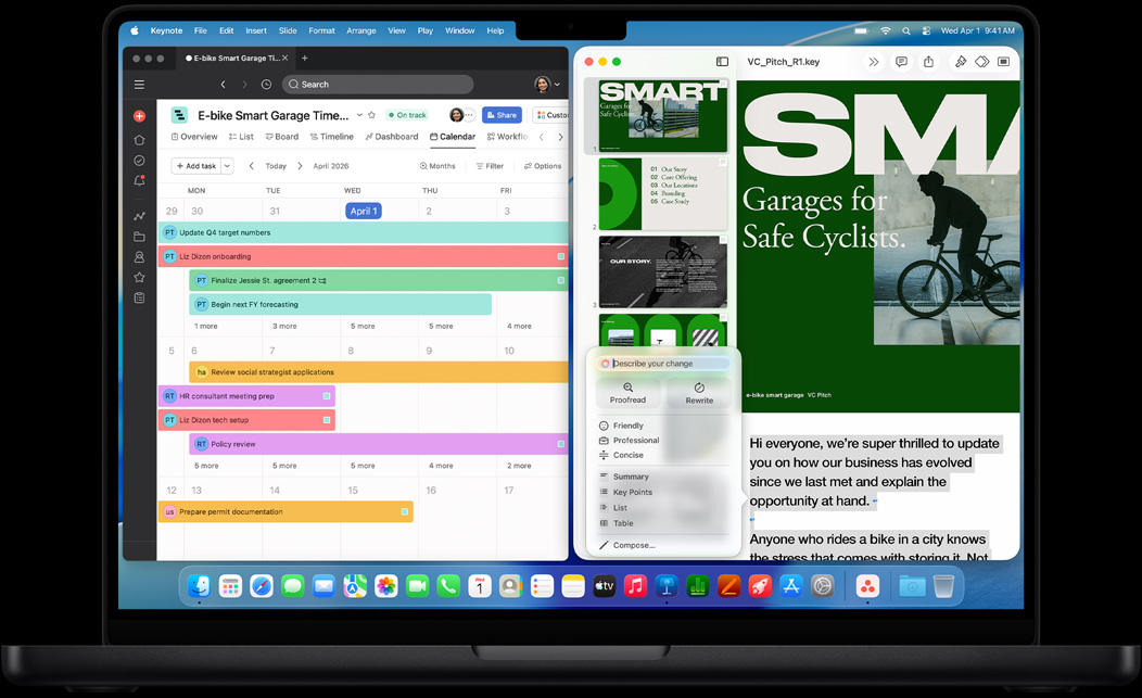Ekran MacBooka Pro przedstawiający aplikacje Asana i Keynote