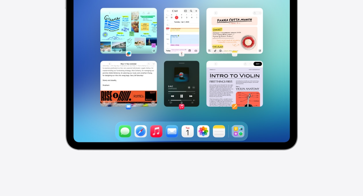 iPad w orientacji poziomej prezentujący sześć otwartych okien w dwóch rzędach, w tym apki Kalendarz, Notatki, Apple Music i Safari
