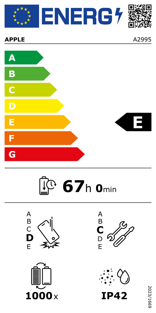 EU Energy Label QR code and information, Apple model A2995, class E, energy efficiency classes (with a scale from A to G), A (most efficient) to G (least efficient), battery endurance per cycle, 67 hours and 0 minutes per full battery charge, repeated free fall reliability class D, A (most robust) to E (least robust), repairability class C, A (most repairable) to E (least repairable), 1000 battery endurance in cycles, dust and water ingress protection (IP) rating IP42, regulation 2023/1669