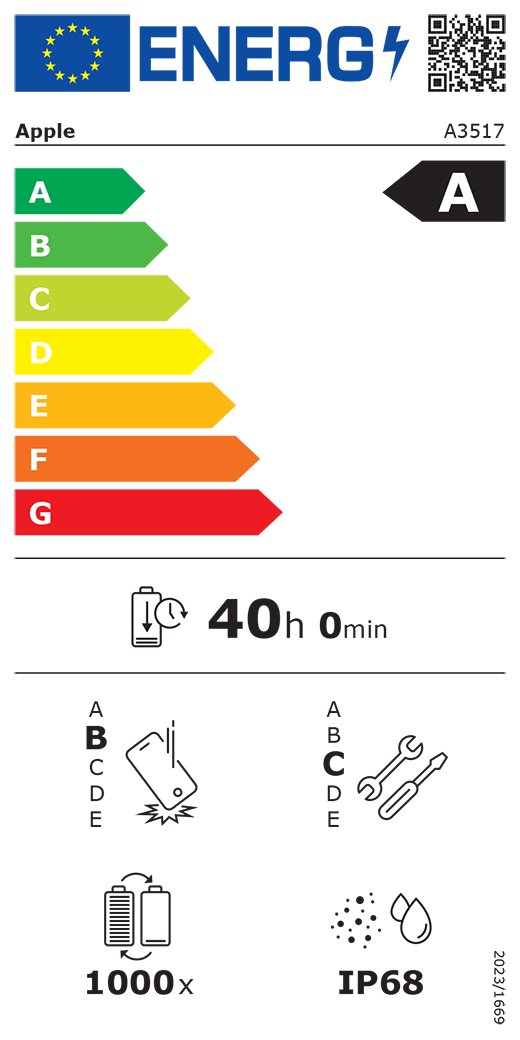 EU Energy Label QR code and information, Apple model A3517, class A, energy efficiency classes (with a scale from A to G), A (most efficient) to G (least efficient), battery endurance per cycle, 40 hours and 0 minutes per full battery charge, repeated free fall reliability class B, A (most robust) to E (least robust), repairability class C, A (most repairable) to E (least repairable), 1000 battery endurance in cycles, dust and water ingress protection (IP) rating IP68, regulation 2023/1669