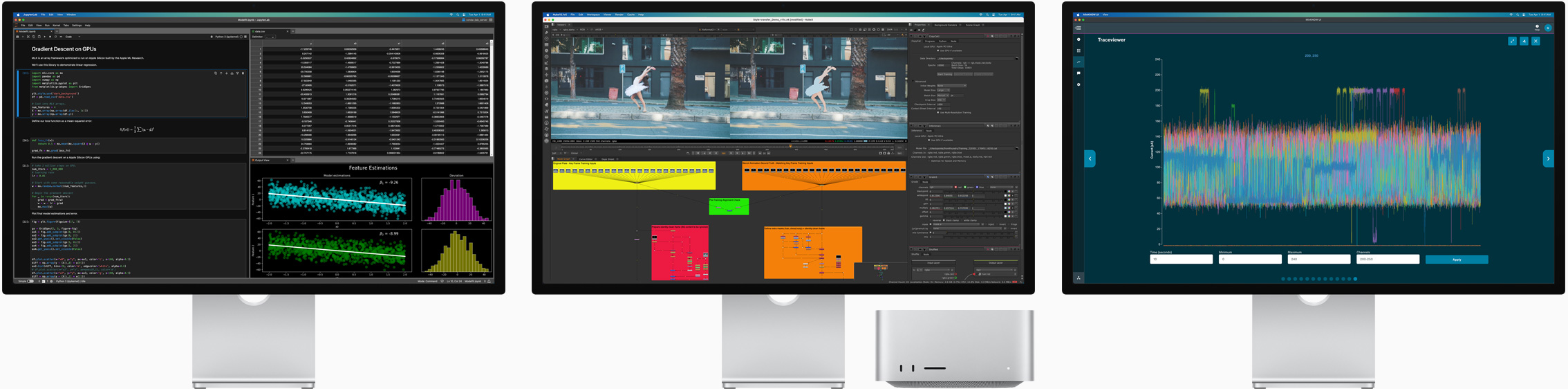 Mac Studio และ Studio Display จำนวน 3 จอ โดยในแต่ละหน้าจอเปิดแอป macOS ที่แตกต่างกัน