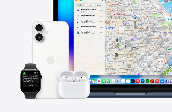 Apple Watch, ekranında “Bu aygıt kayıp olarak işaretli. Lütfen benimle iletişime geçin.” yazıyor ve telefon numarası yer alıyor, yanında iPhone, AirPods Pro ve Indigo renk MacBook Neo, ekranda Bul uygulaması ile konumlarının yer aldığı bir harita ve aygıt listesi gösteriliyor