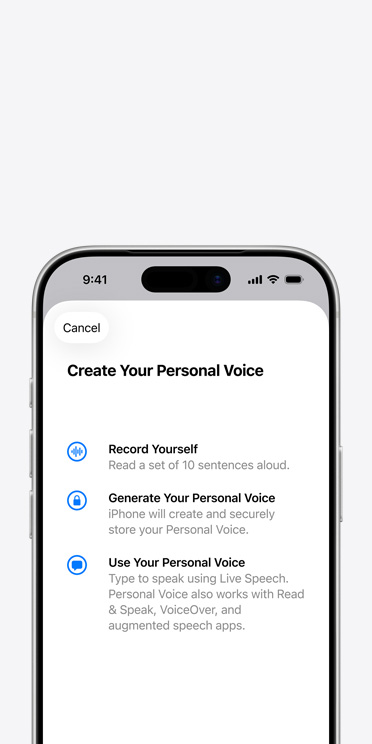 iPhone 17 Pro-scherm met de feature Persoonlijke Stem met instructies voor het creëren van je Persoonlijke Stem