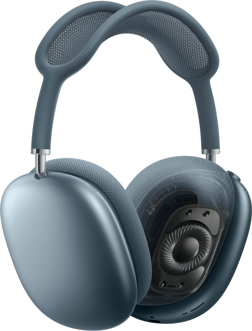 سماعات الرأس AirPods Max 2 بلون أزرق، الجهة الخارجية الجانبية، بطانة أذن واحدة مع مقطع عرضي لتكنولوجيا المحرك الديناميكي في الداخل