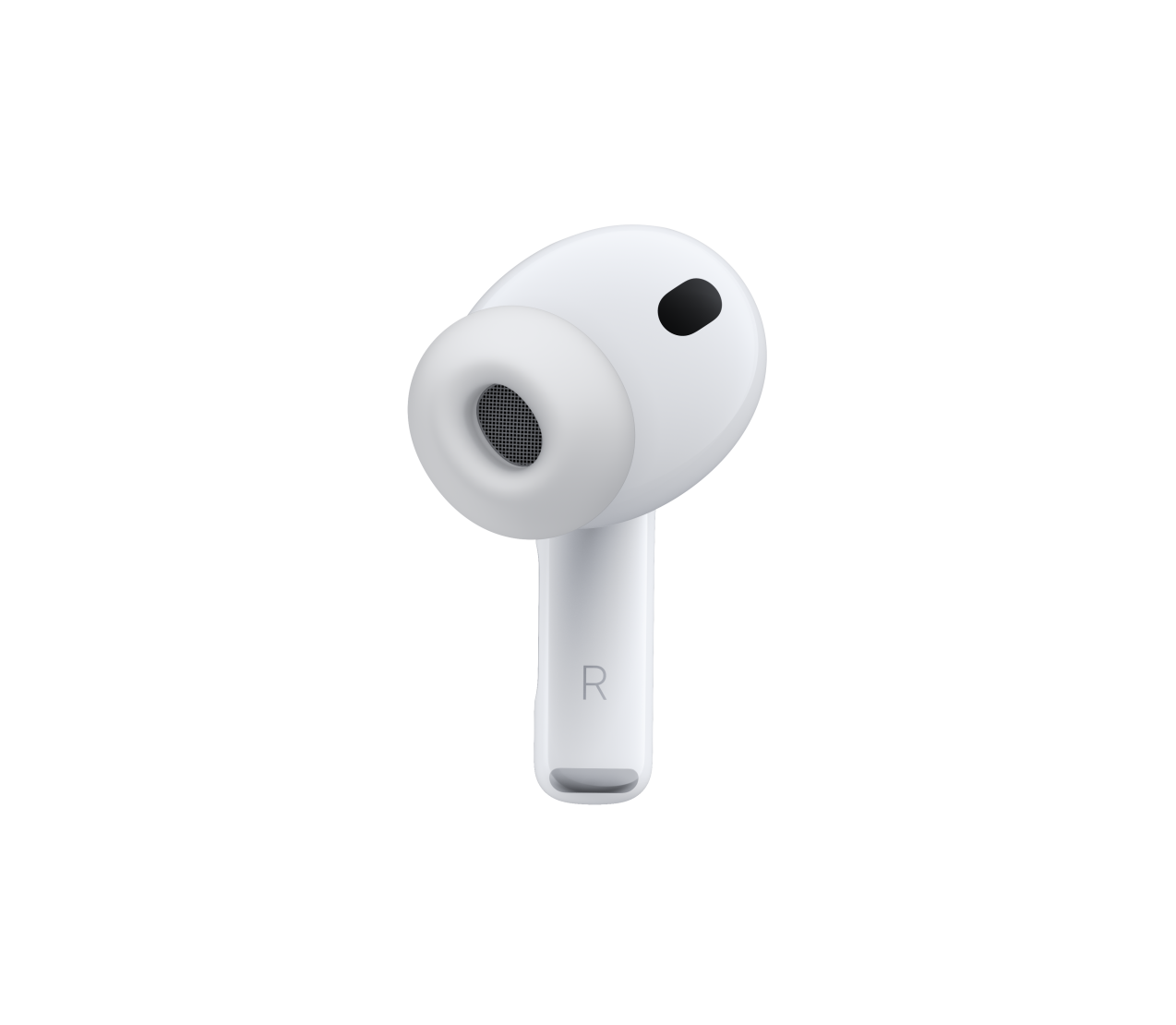 畫面展示白色 AirPods Pro 3，看見消噪咪高風、矽膠耳塞、短耳筒柄上有字母 R