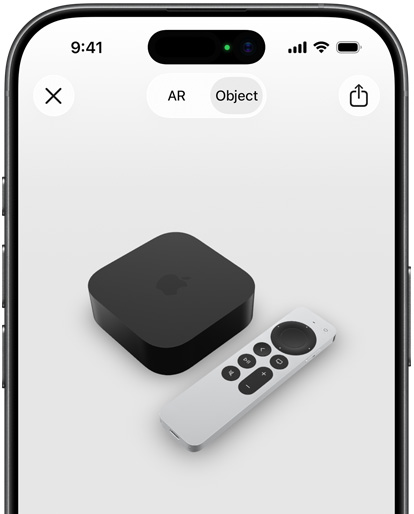 影像展示 Apple TV 4K，出現在 iPhone 擴增實境的畫面中