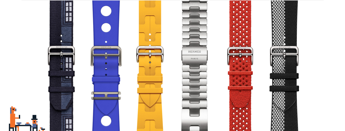 Pixel art of a person and horse siting at a table, available Apple Watch Hermès bands in varying styles and colours