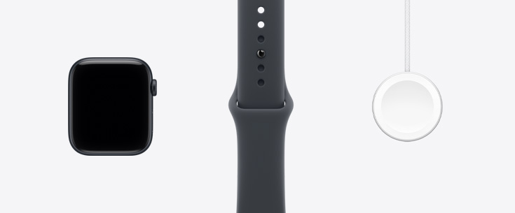 Apple Watch SE 3, aluminum case, midnight color, front exterior, edge-to-edge display, midnight color Sport Band, Apple Watch Magnetic Fast Charger to USB‑C Cable