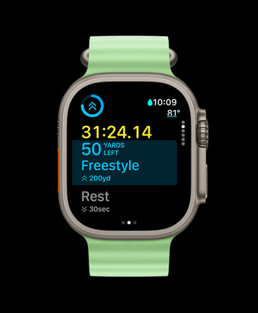 Apple Watch Ultra 3, finition naturelle, boîtier en titane, app Exercice, exercice personnalisé, vue À suivre, Bracelet Océan vert fluo