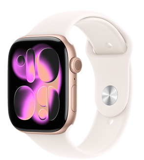 Apple Watch Series 11，採用玫瑰金色鋁金屬錶殼，配以淡胭脂色運動錶帶；螢幕顯示 Responsive Art 錶面，機身右側設有數碼錶冠、咪高風、側邊按鈕