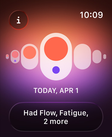健康 app 中的經期追蹤功能，橙色和紫色圓點突顯不同的經期症狀