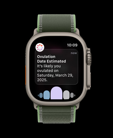Apple Watch Ultra 3, naturaalsest titaanist korpus, ovulatsiooni kuupäeva hinnanguline teavitus funktsioonist Cycle Tracking Health rakenduses, rihm Trail Loop, roheline/neoonvärv