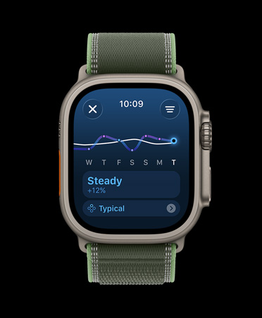 Apple Watch Ultra 3，採用原色鈦金屬錶殼，配以綠色配霓虹綠色越野手環；螢幕顯示訓練負荷量折線圖及日曆