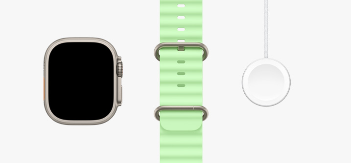 Apple Watch Ultra 3, loomulikust titaanist korpus, servast servani ekraan, neoonroheline Ocean Band, Apple Watchi USB‑C-magnetkiirlaadimiskaabel