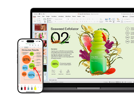 En Mac og en iPhone som viser forskjellige deler av en fargerik presentasjon om et hudpleieprodukt.