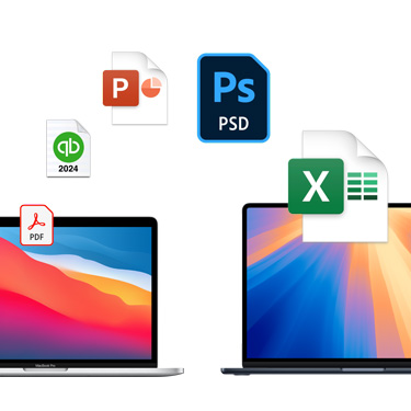 Birbirinden farklı, renkli masaüstü arka planları olan ve yan yana duran iki MacBook’un önden görünümü. MacBook’ların üzerinde yatay bir kaviste dosya simgeleri gösteriliyor. Gösterilen dosya simgeleri arasında Acrobat dosyası, Quickbooks dosyası, PowerPoint dosyası, Photoshop dosyası ve Excel dosyası bulunuyor.