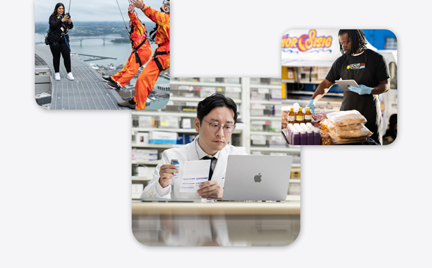 Plusieurs petites entreprises, avec un pharmacien en blouse utilisant un MacBook, une monitrice de saut à l’élastique prenant une photo avec son iPhone de deux personnes s’apprêtant à sauter, et un homme tenant un iPad tout en manipulant des produits alimentaires.