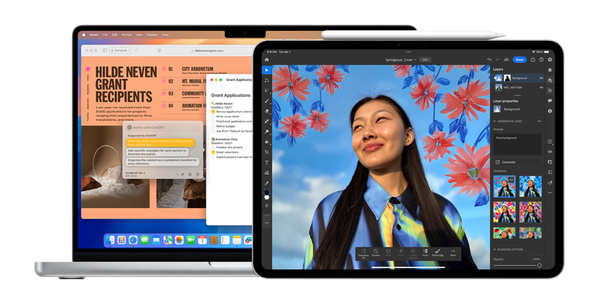 MacBookとiPadに、AIが組み込まれたアプリが表示されている