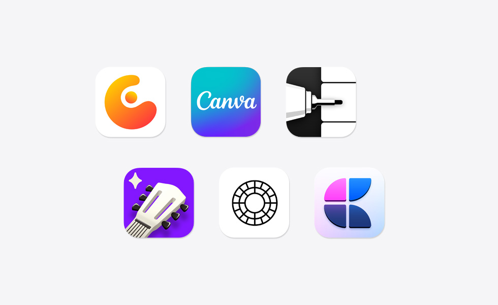 コンセプト、Canva、Flow: ノート&スケッチ、Simply Guitar、VSCO、Craftなど、様々なアプリのアイコン