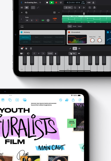2台のiPadにLogicProアプリとフリーボードアプリが表示されている