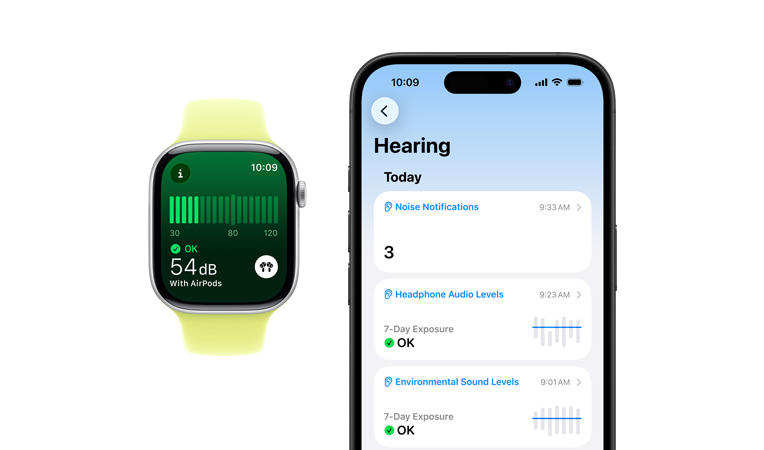 Apple Watch Series 11,銀色鋁金屬錶殼,噪音 app,配搭霓虹黃色運動錶帶,已配對的 iPhone 上開啟了詳細的聽力每日摘要