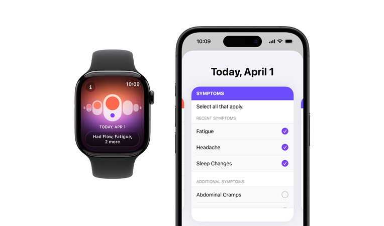 Apple Watch Series 11, černý sportovní řemínek, pohled zepředu, zobrazené softwarové položky Sledování cyklu, Perioda, zaznamenávání symptomů, vedle je iPhone 16, pohled zepředu, zobrazené softwarové položky Sledování cyklu, zaznamenávání symptomů, Perioda