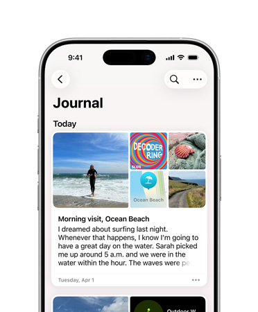 Widok z przodu: iPhone 16, na ekranie: Dziennik