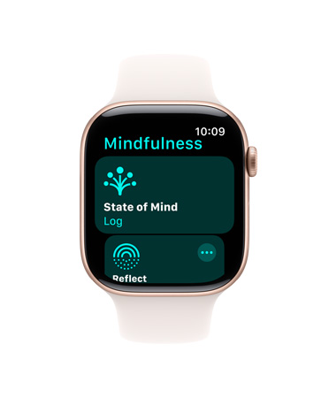 Widok z przodu: Apple Watch Series 10 z białym paskiem sportowym, na ekranie: Uważność, Nastrój, Notuj