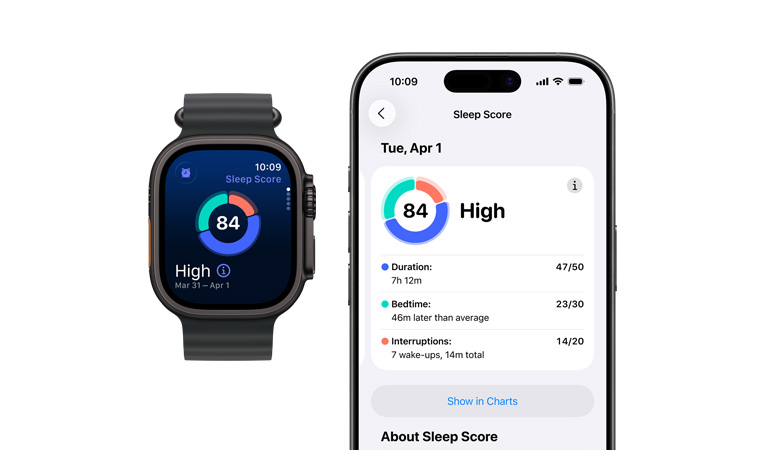 Apple Watch Ultra 3, tytanowy etui, czarny kolor, krągowy wykres i ocena wyników snu, zewnętrzna strona lewa, przycisk akcji, zewnętrzna strona prawa, cyfrowe korony, boczny przycisk, opaska Ocean, czarny kolor, pełna analiza snu otwarta na sparowanym iPhonie