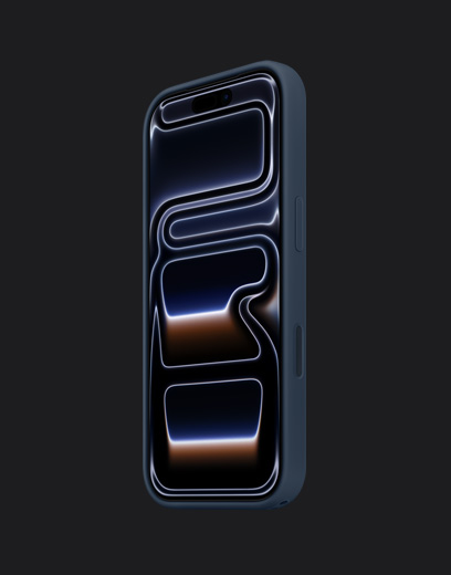 Przód iPhone’a 17 Pro w kolorze głębinowego błękitu z silikonowym etui w kolorze granatu